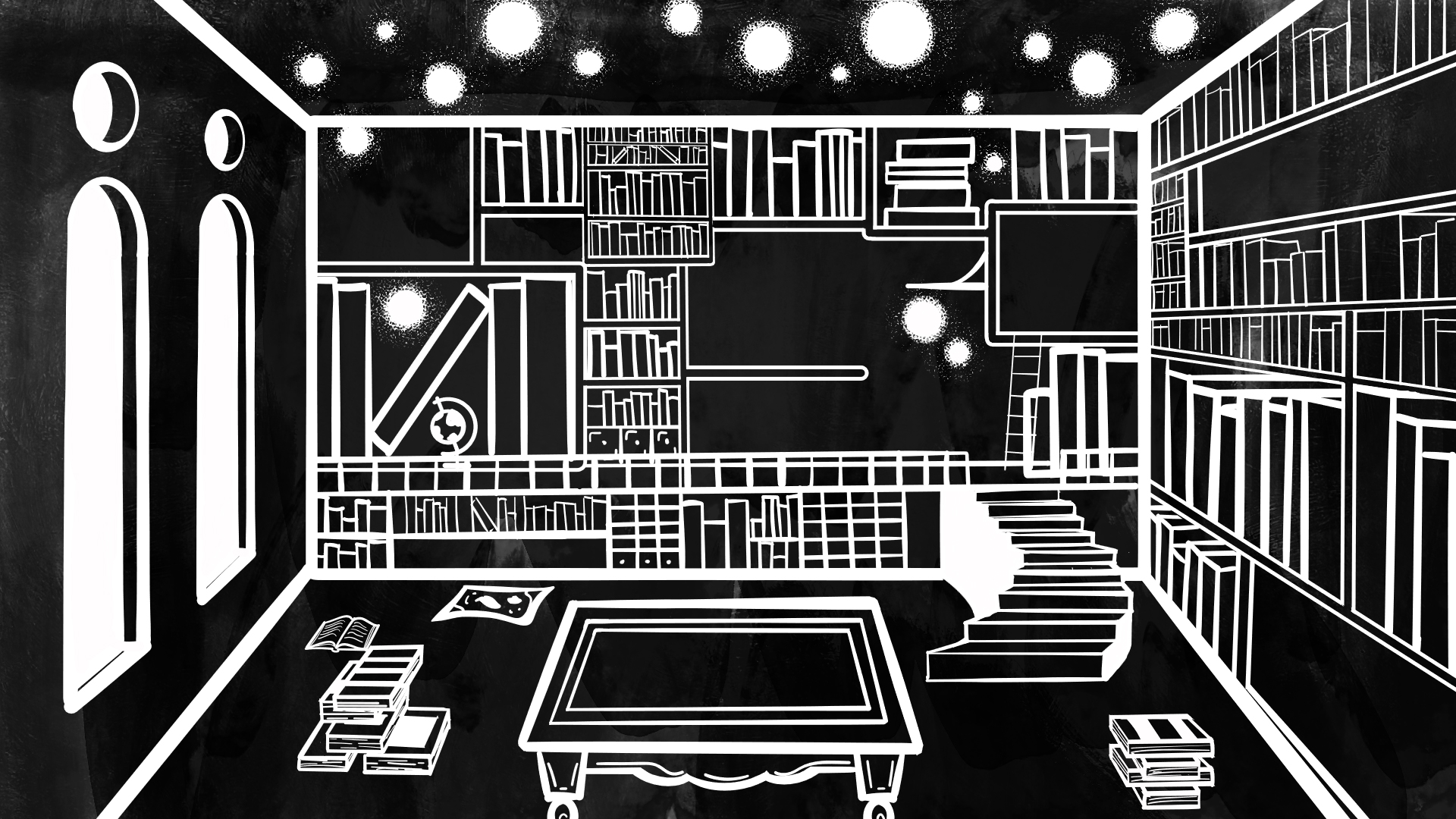 A dark, hand-drawn library full of bookshelves, a staircase and a coffee table